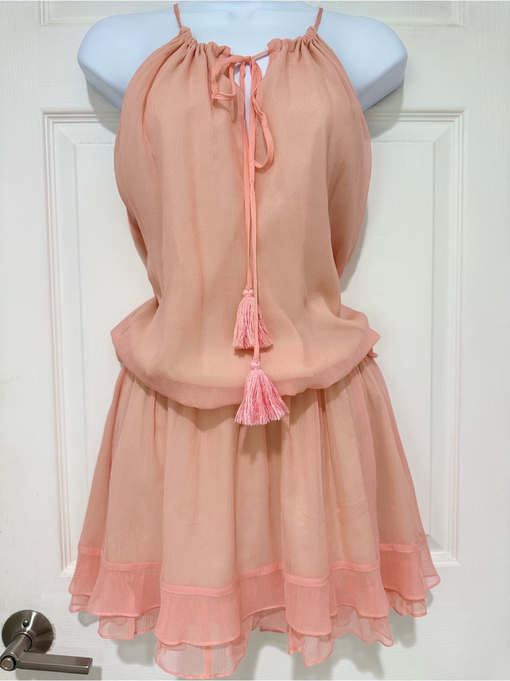 Elizabeth James 100% Silk Coral pink Tassel Halter Mini Dress XSmall